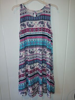 White Pink and Turquoise Elephant Print Swing Dress